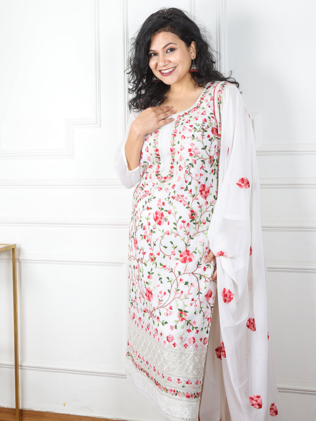 Falak Snow White All Over Thread Work Chiffon 3 Piece Set