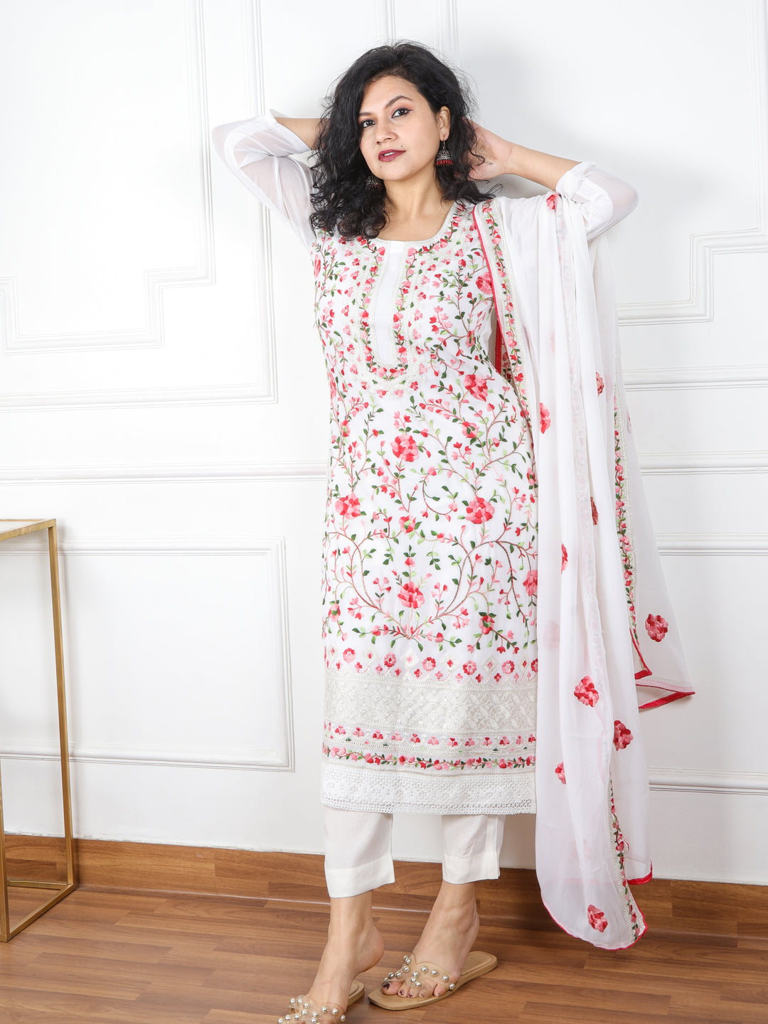 Falak Snow White All Over Thread Work Chiffon 3 Piece Set
