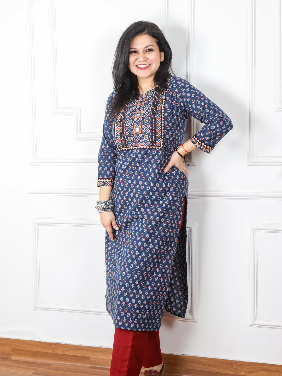 Chaahat Denim Blue Kutch Mirror Neck Work Ajrak Print Cotton Kurti