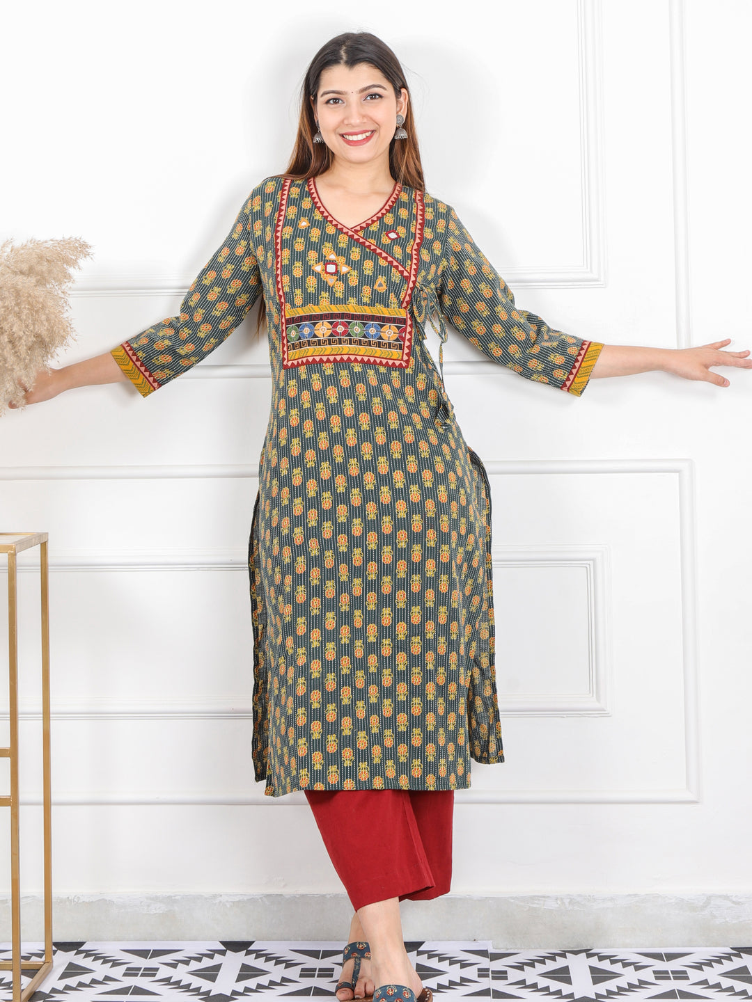 Ghoomer Grass Green Angrakha Style Neck Work Print Cotton Kurti-D7