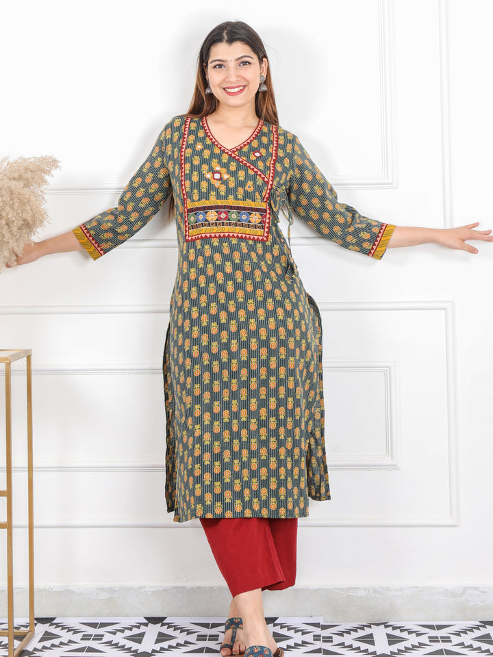 Ghoomer Grass Green Angrakha Style Neck Work Print Cotton Kurti-D7