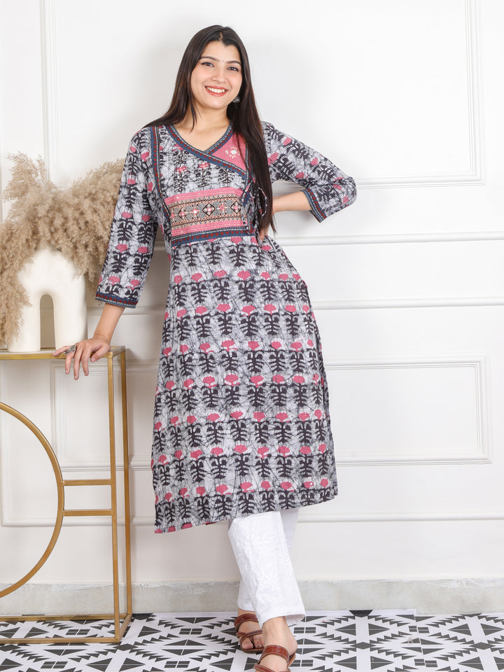 Ghoomar Whitish Grey Kutch Work Ajrak  Printed Angrakha Cotton Kurti-D1