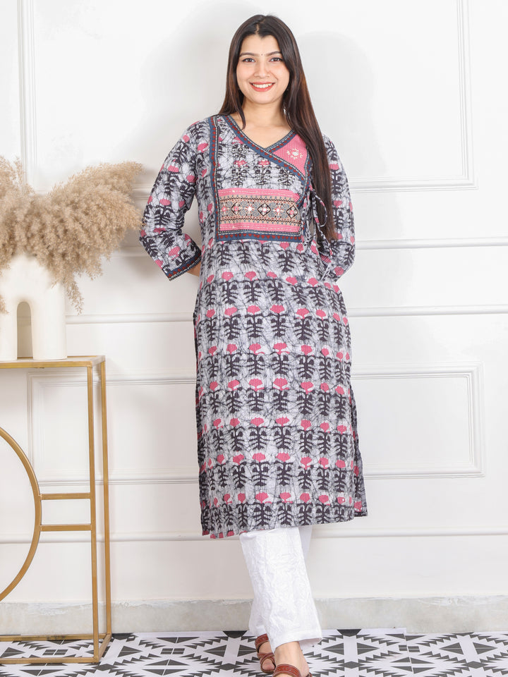 Ghoomar Whitish Grey Kutch Work Ajrak  Printed Angrakha Cotton Kurti-D1