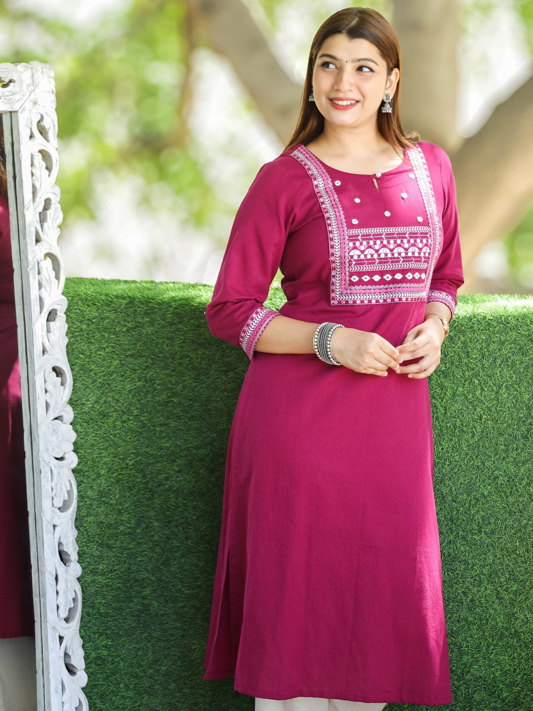 Ruksna Berry Purple Embellish Neck with Mirror in Cotton Flex Kurti