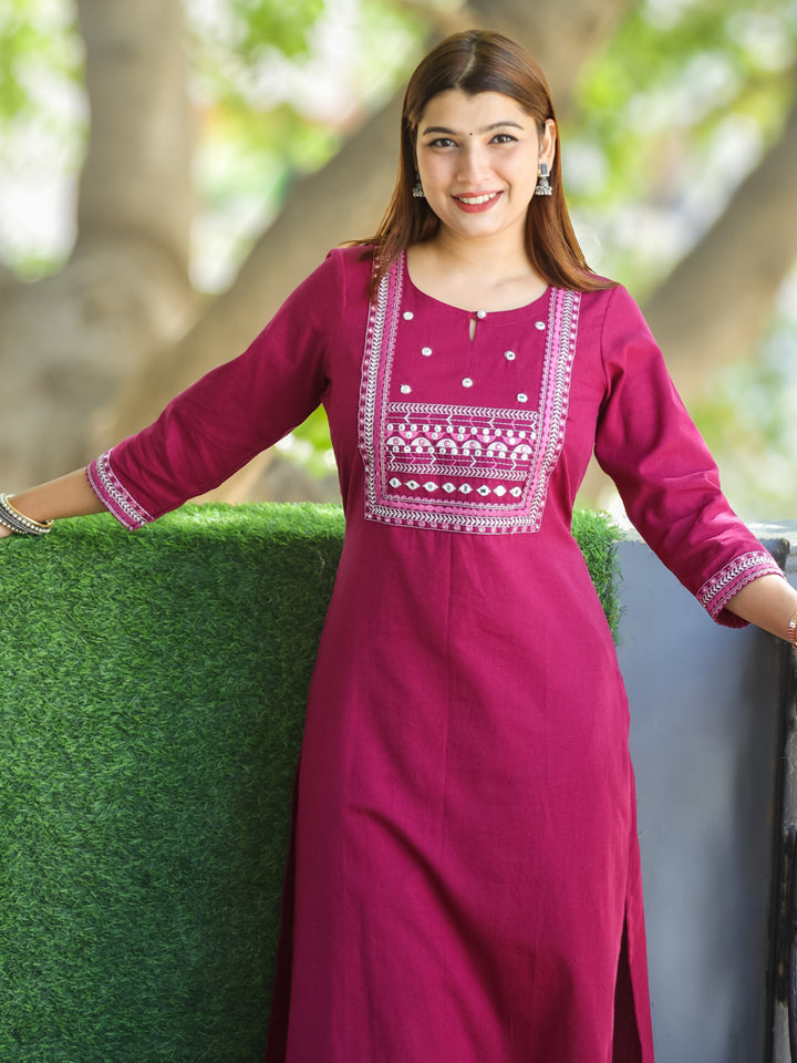 Ruksna Berry Purple Embellish Neck with Mirror in Cotton Flex Kurti