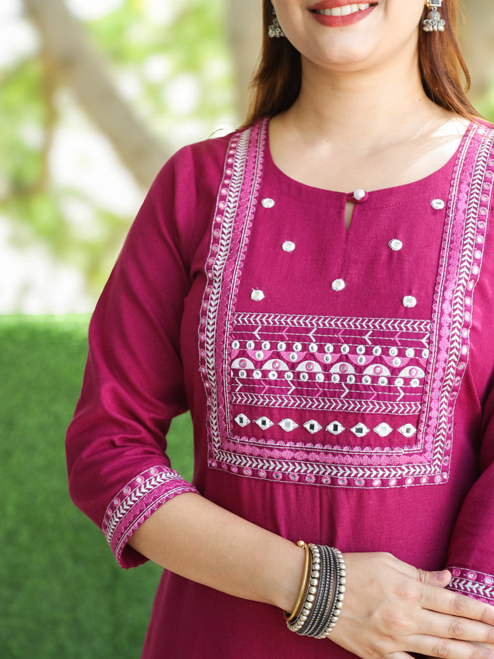 Ruksna Berry Purple Embellish Neck with Mirror in Cotton Flex Kurti