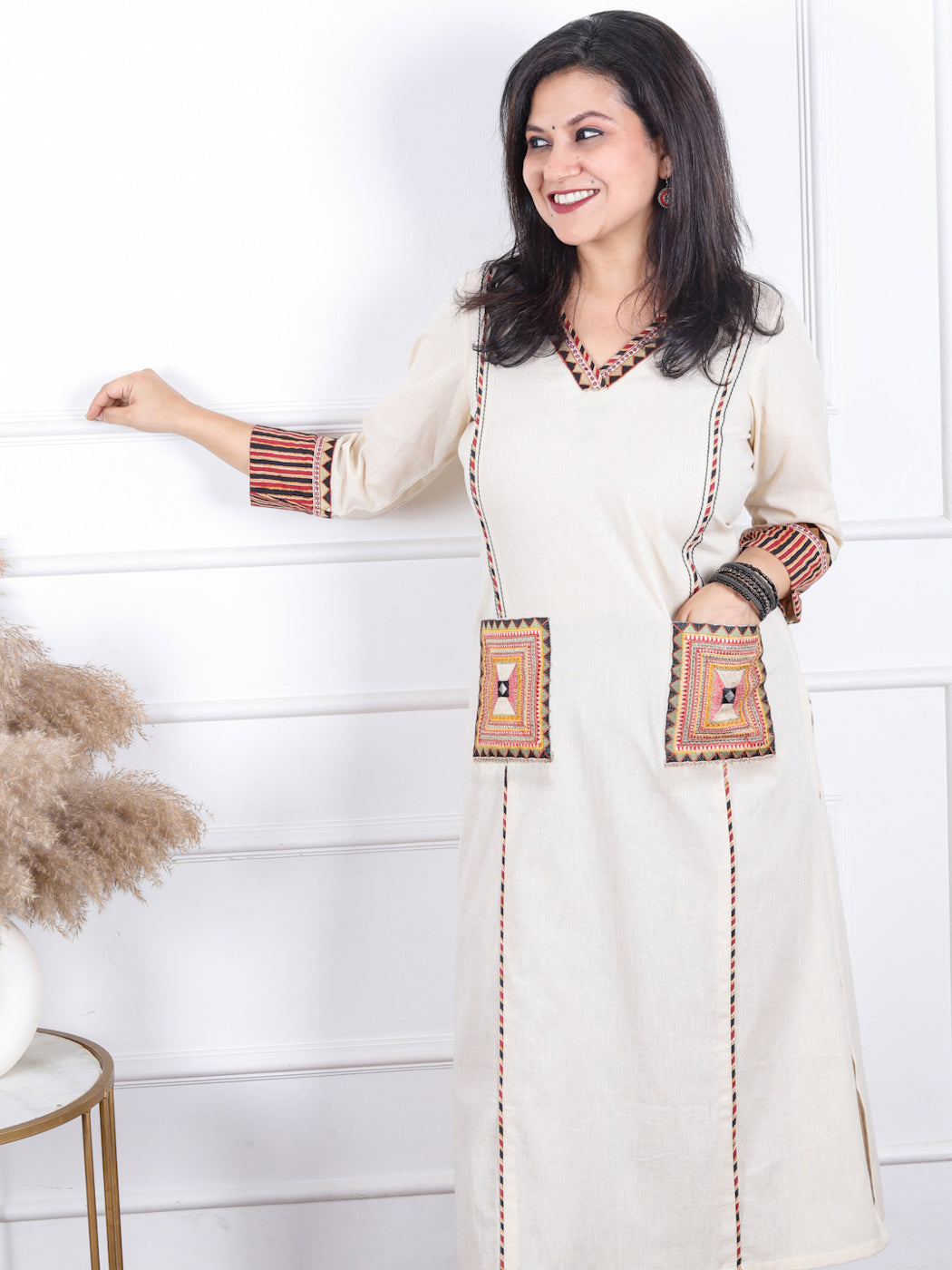Gulkand Slate Beige Embroidered Patch with Coin Work Cotton Kurti with Pocket