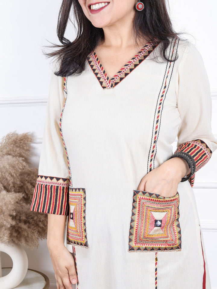 Gulkand Slate Beige Embroidered Patch with Coin Work Cotton Kurti with Pocket