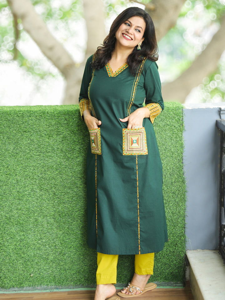Gulkand Green V Neck Panel Cotton Kurti Embroidered Patch with Mirror Hanging on Pocket