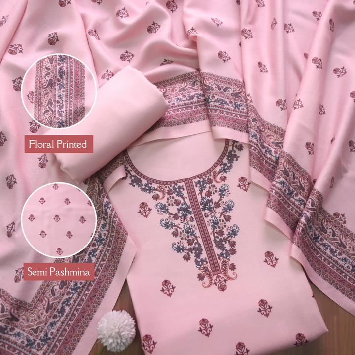 पायल Petal PInk Floral Printed Semi Pashmina Winter Suit Set