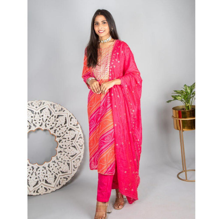 Pink and Orange Bandhani Printed 3 Piece Set