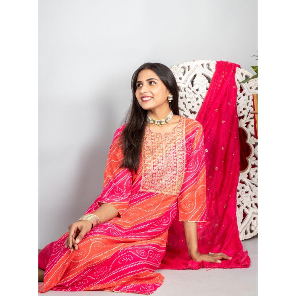 Pink and Orange Bandhani Printed 3 Piece Set