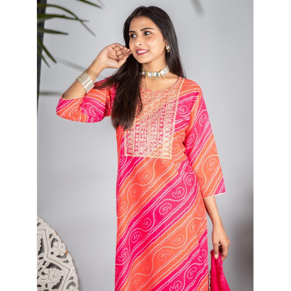 Pink and Orange Bandhani Printed 3 Piece Set