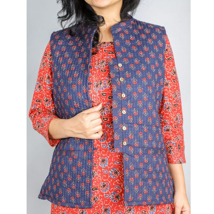 Blue and Red Block Printed Quilted Jacket 3 Piece Set