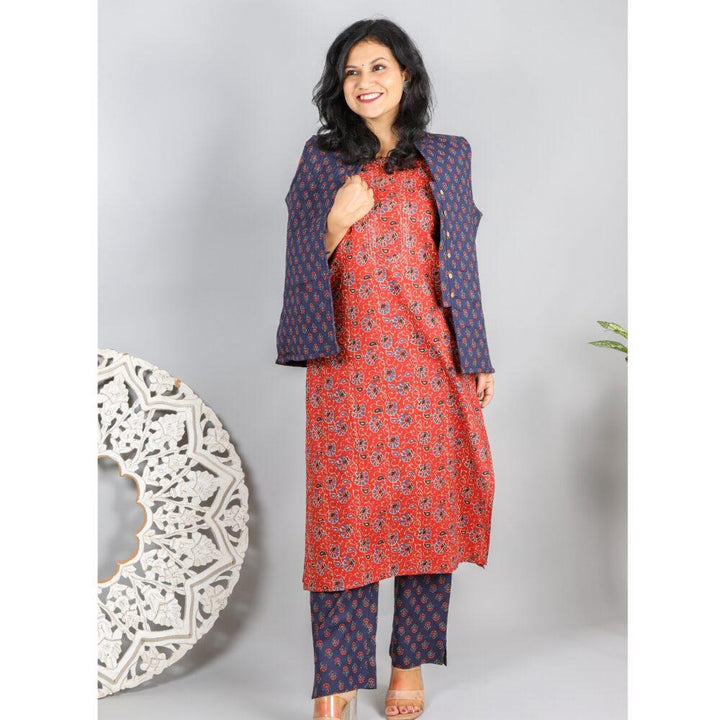 Blue and Red Block Printed Quilted Jacket 3 Piece Set