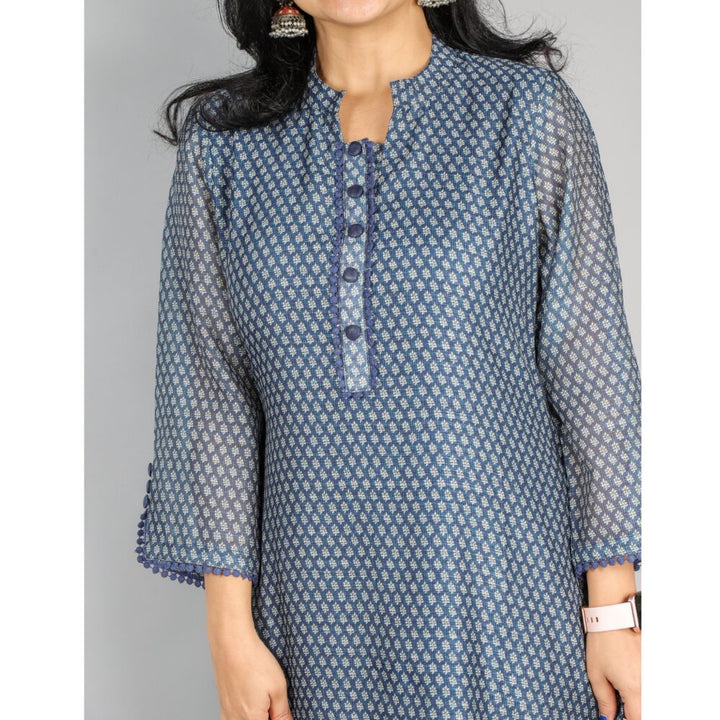 Navy Blue Chanderi Tussar Printed Top with embroidered Hem 3 Piece Set