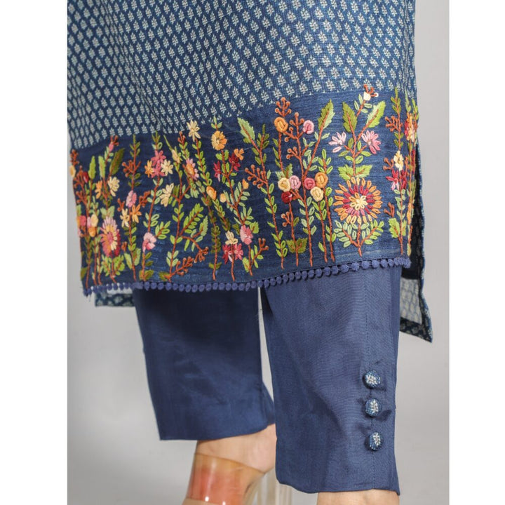 Navy Blue Chanderi Tussar Printed Top with embroidered Hem 3 Piece Set