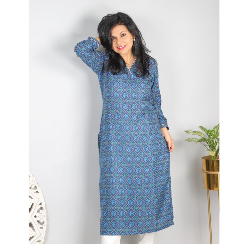 Pretty Indigo Blue Semi Pashmina Bandhani Printed kurti
