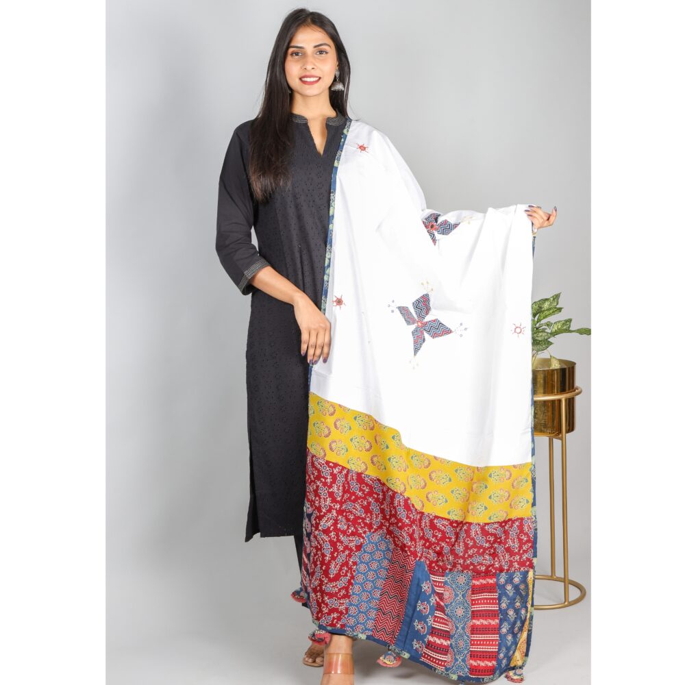 White Cotton with Colorful Ajrak Patch Work Dupatta-1