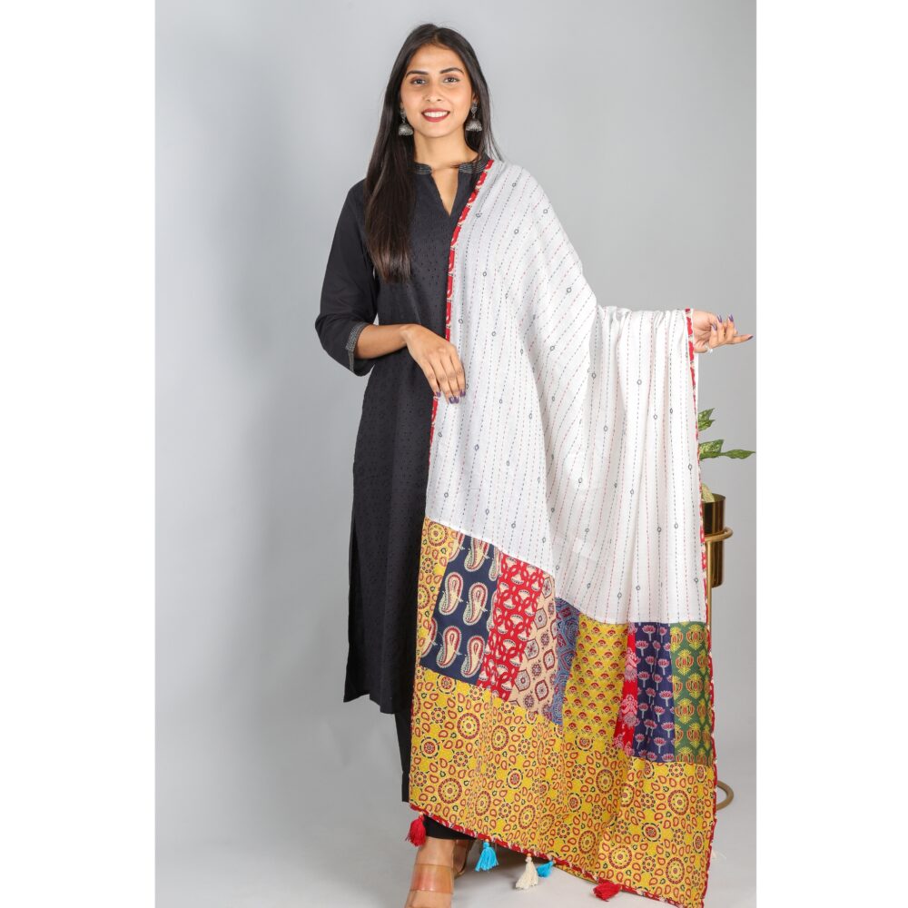 White Cotton with Colorful Ajrak Patch Work Dupatta-2