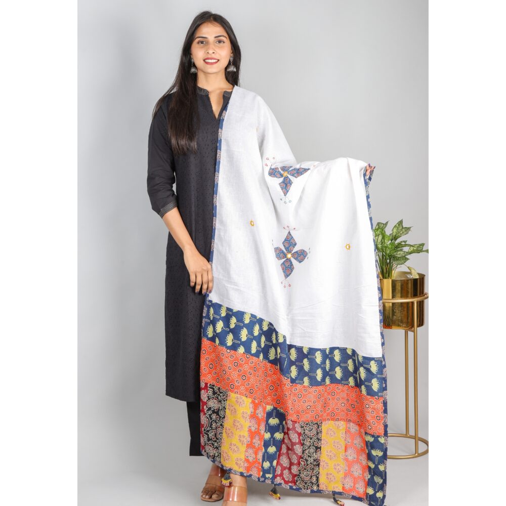 White Cotton with Colorful Ajrak Patch Work Dupatta-3