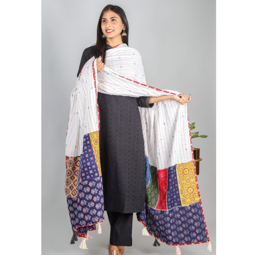 White Cotton with Colorful Ajrak Patch Work Dupatta-4