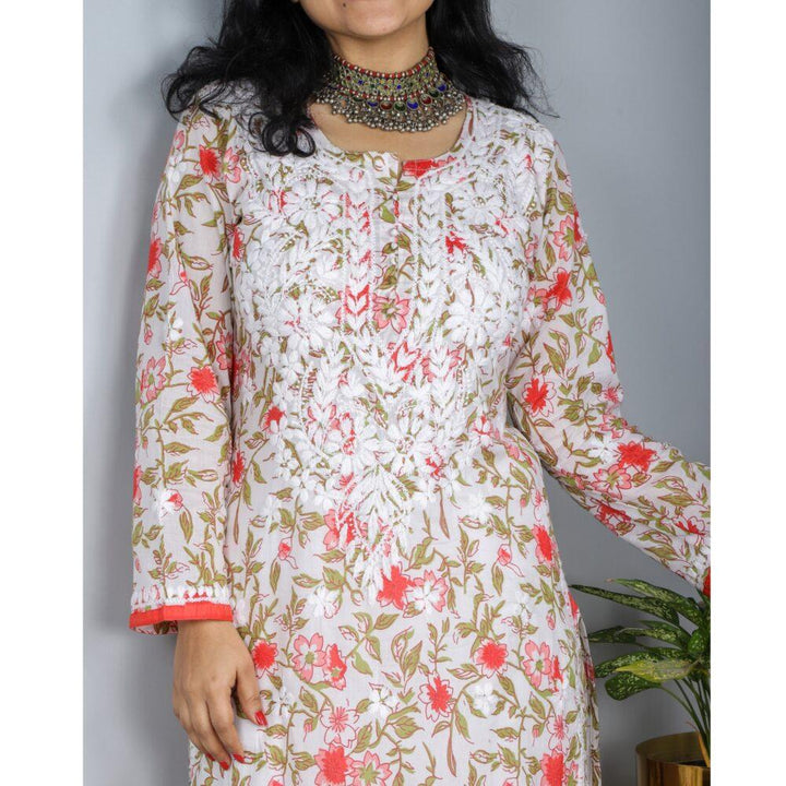 White and Orange Printed Chikankari Kurti