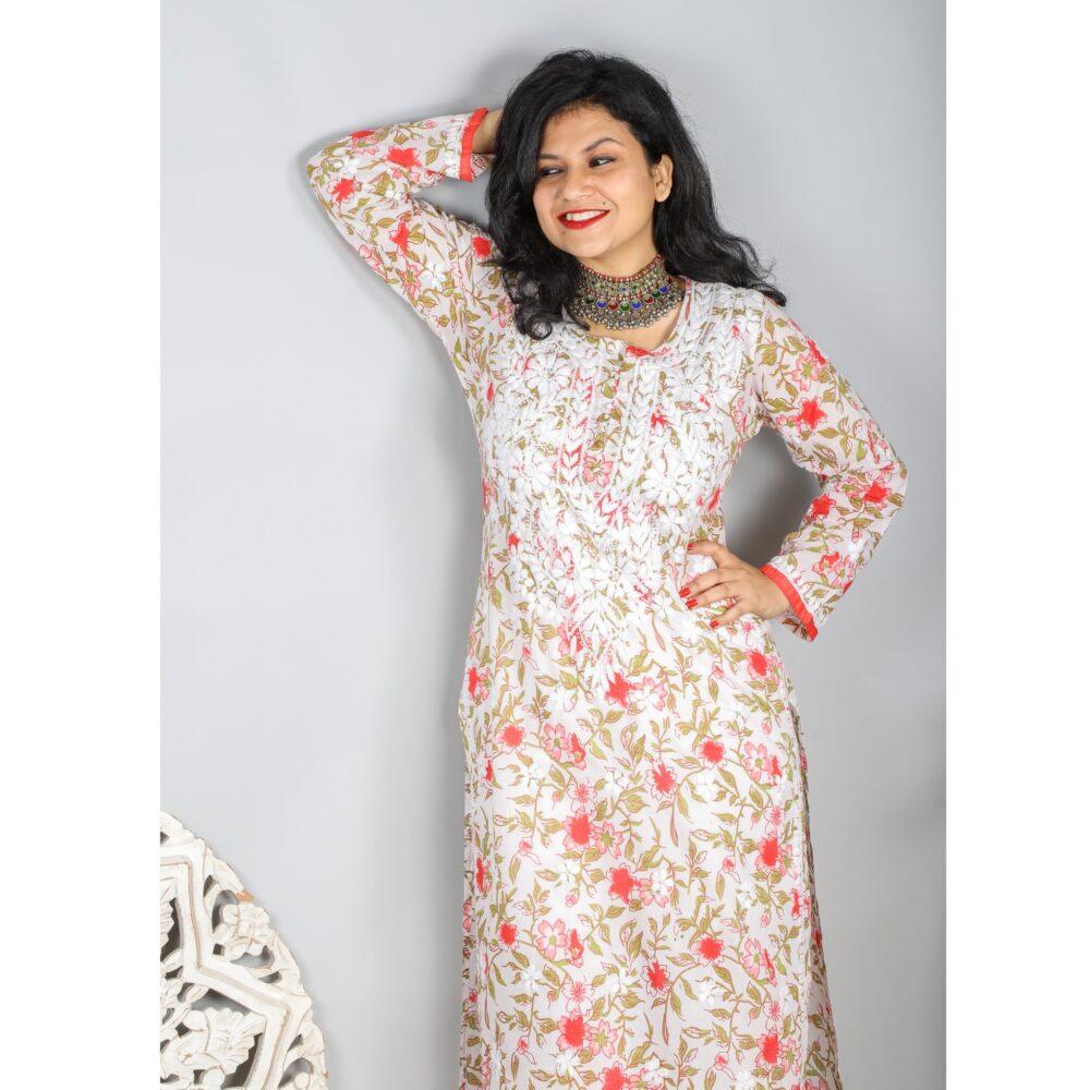 White and Orange Printed Chikankari Kurti