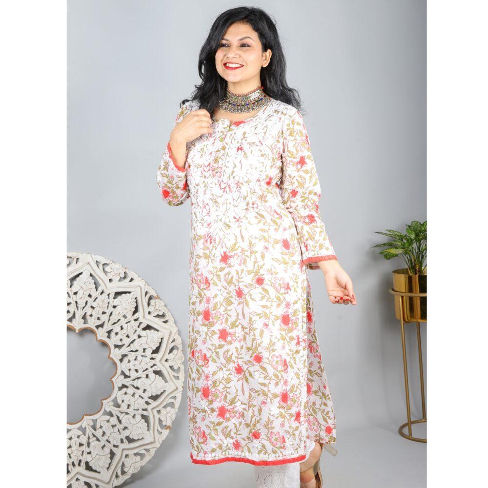 White and Orange Printed Chikankari Kurti