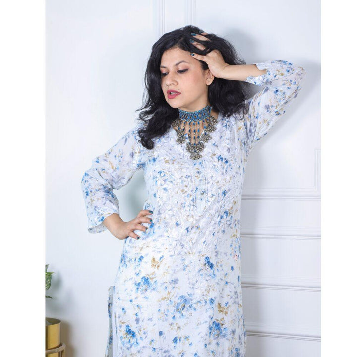 Ceruleon Blue Printed Chikankari Kurti