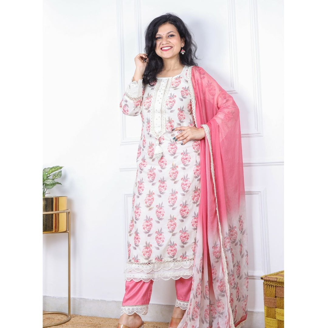 Offwhite and Rouge Pink 3 Piece Set with Chiffon Digital Printed Dupatta