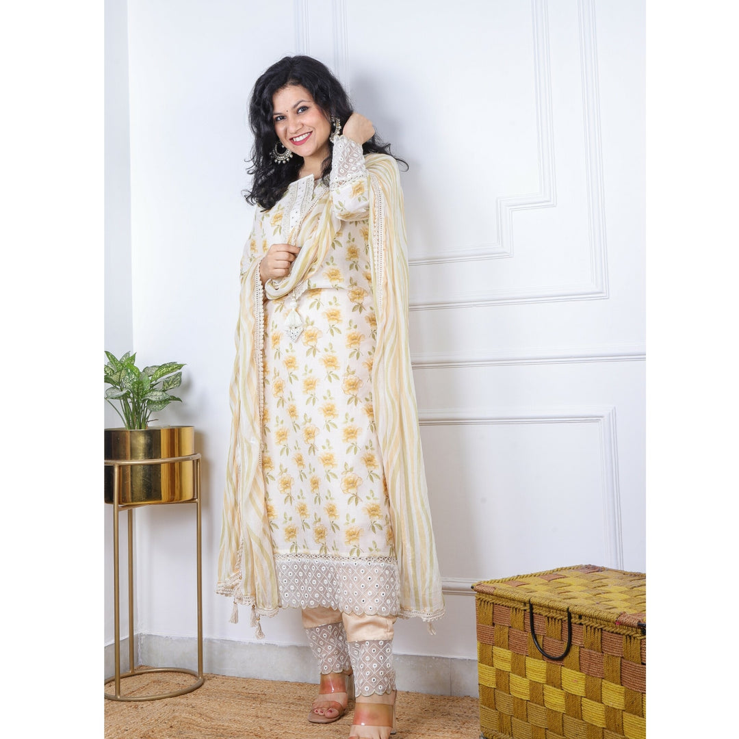 Offwhite and Yellow 3 Piece Set with Chiffon Digital Printed Dupatta