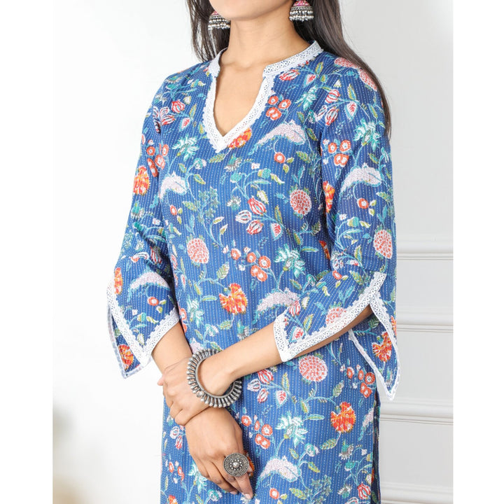 Navy Blue Printed Kantha Work Kurti