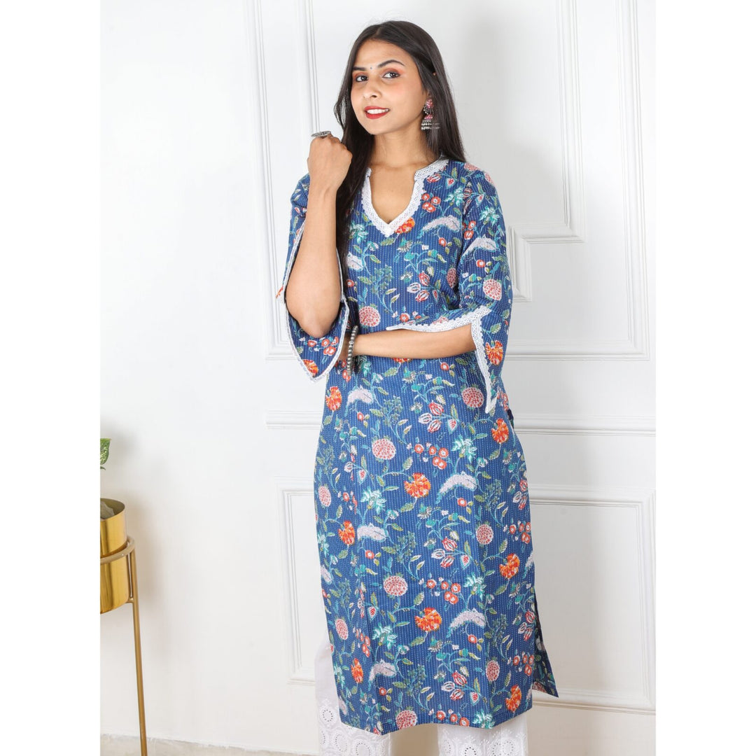 Navy Blue Printed Kantha Work Kurti