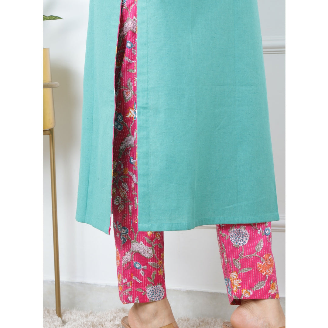 Teal Green Solid Top With Kantha Work 2 Pcs Set