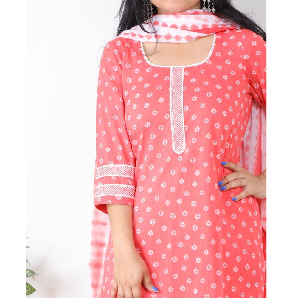 Crimson Pink Bandhani Inspired Top with Tie and Dye Dupatta 3 Piece Set