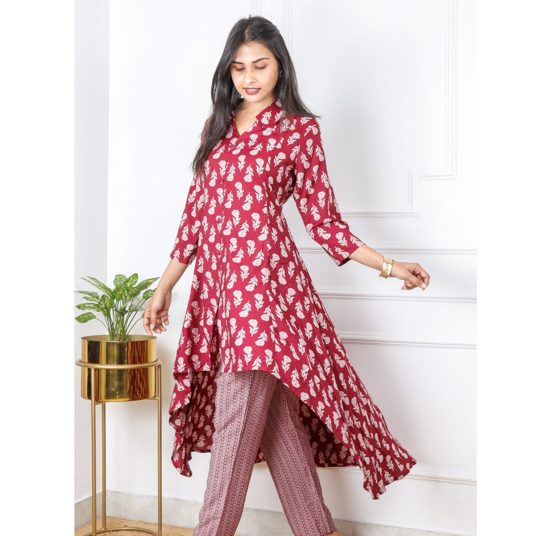 Maroon High Low Digital Printed Co Ord Set