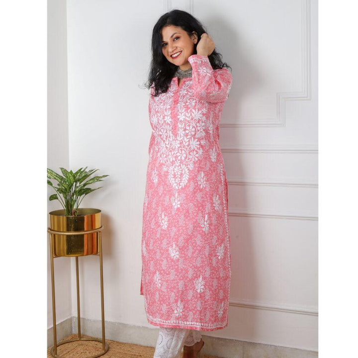 Baby Pink Printed Cotton Chikankari Work Kurti