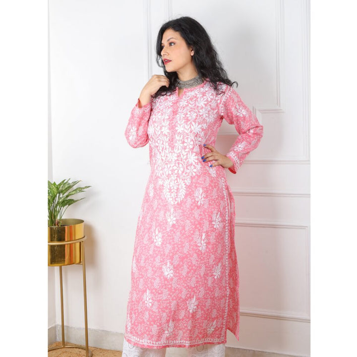 Baby Pink Printed Cotton Chikankari Work Kurti