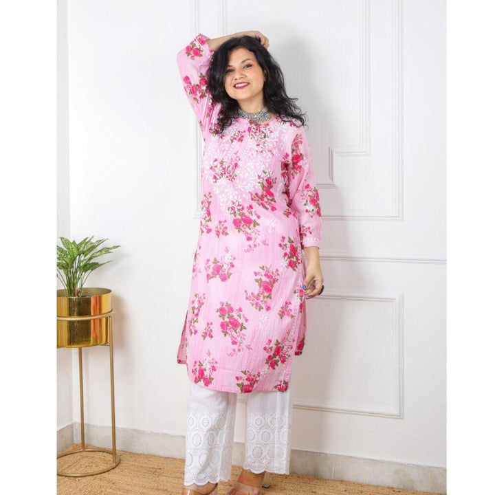 Pink Printed Cotton Chikankari Work Kurti