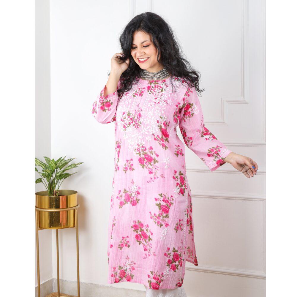 Pink Printed Cotton Chikankari Work Kurti