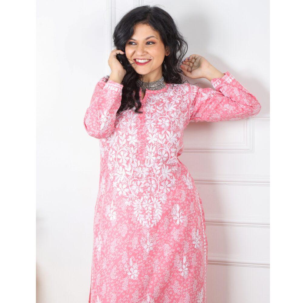 Baby Pink Printed Cotton Chikankari Work Kurti