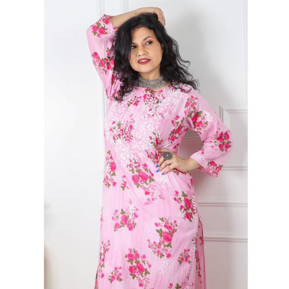 Pink Printed Cotton Chikankari Work Kurti