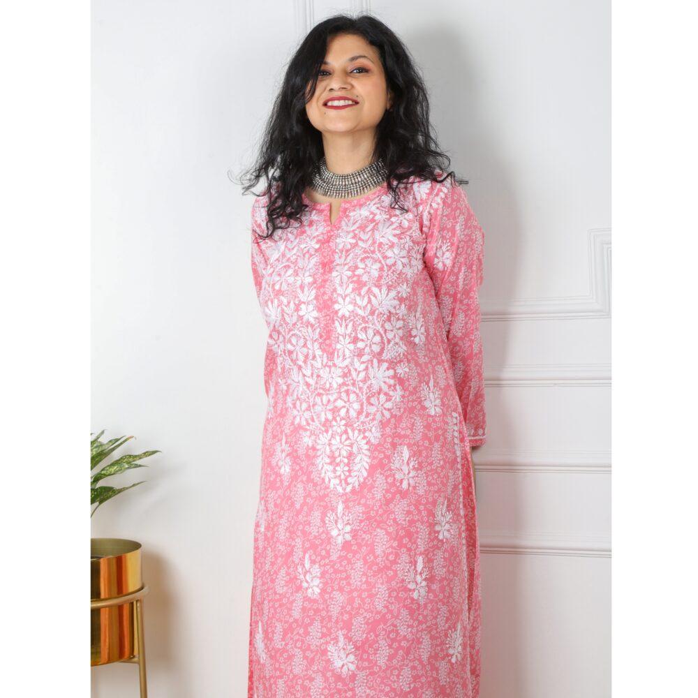 Baby Pink Printed Cotton Chikankari Work Kurti