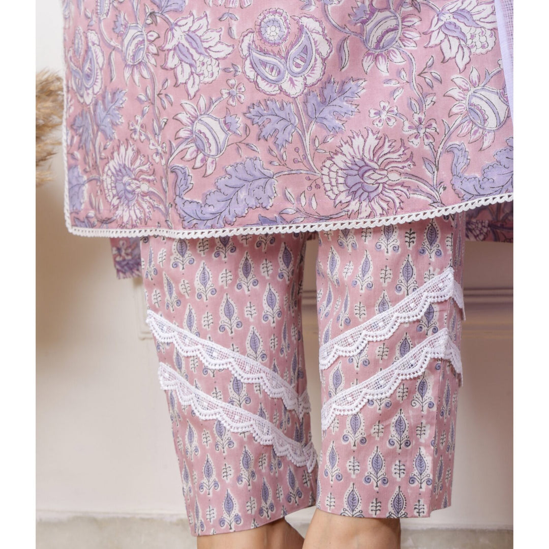 Blue and Pink Printed Cotton Top and Bottom with Kota Dupatta 3 Piece Set