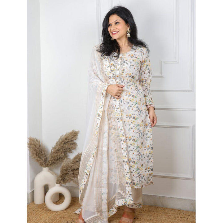 Off White Printed Cotton Linen with Chiffon Dupatta 3 Piece set