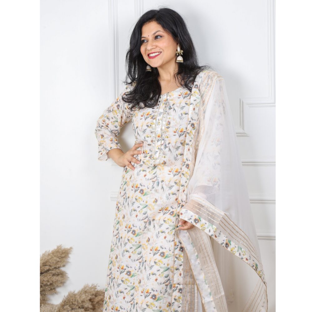 Off White Printed Cotton Linen with Chiffon Dupatta 3 Piece set