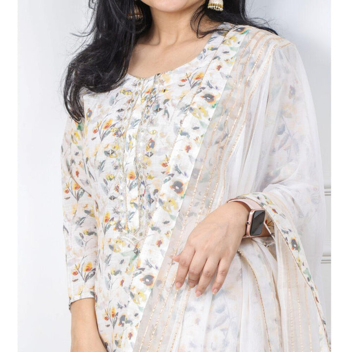 Off White Printed Cotton Linen with Chiffon Dupatta 3 Piece set