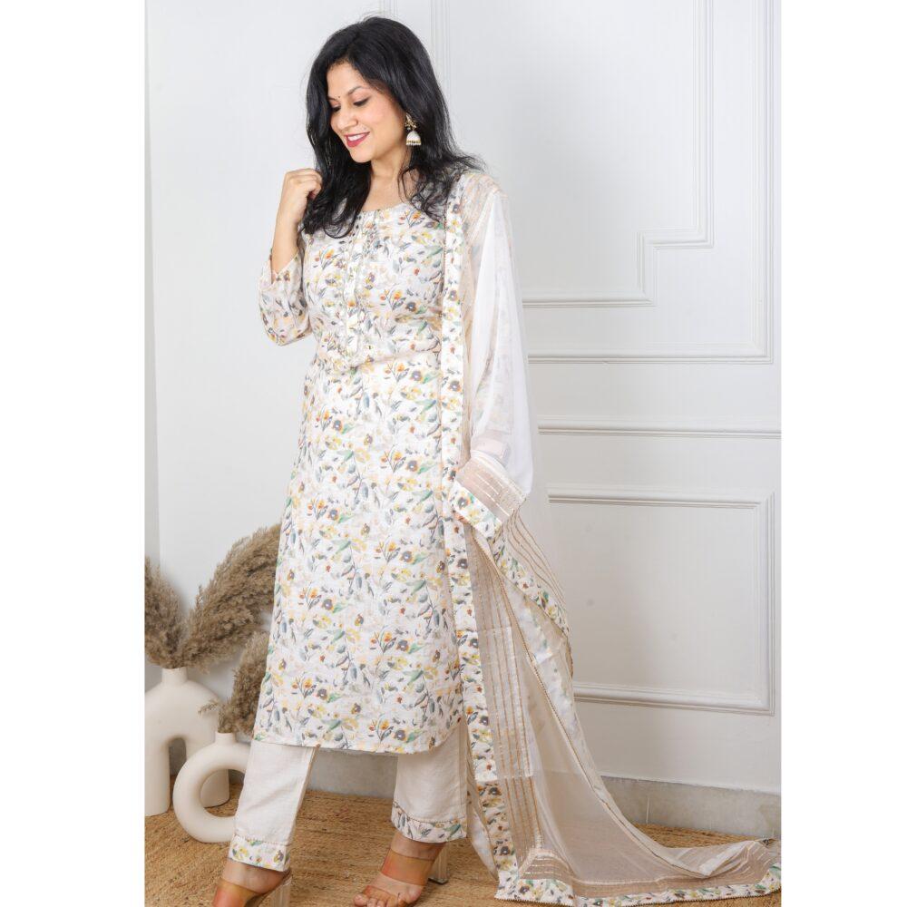 Off White Printed Cotton Linen with Chiffon Dupatta 3 Piece set