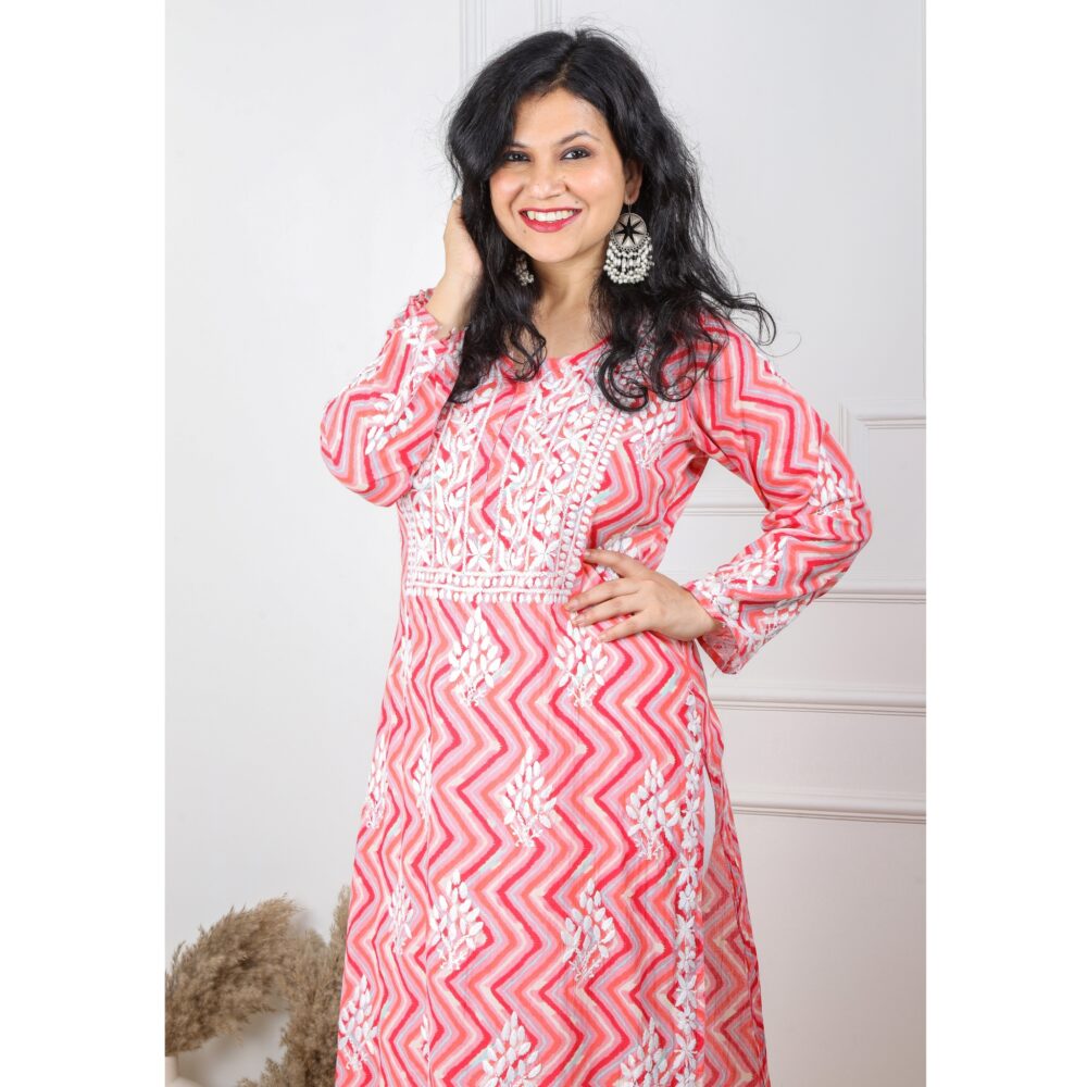 Strawberry Pink And Red Zig Zag Printed Chikankari Kurti